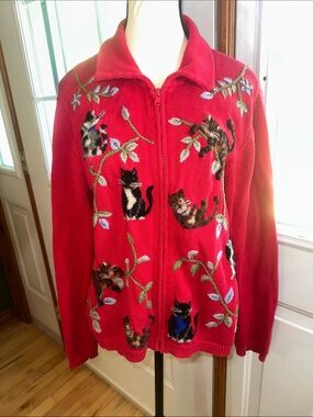 Vintage Rainbow Bright Red Knit cardigan with Cat Felting and Embroidered
